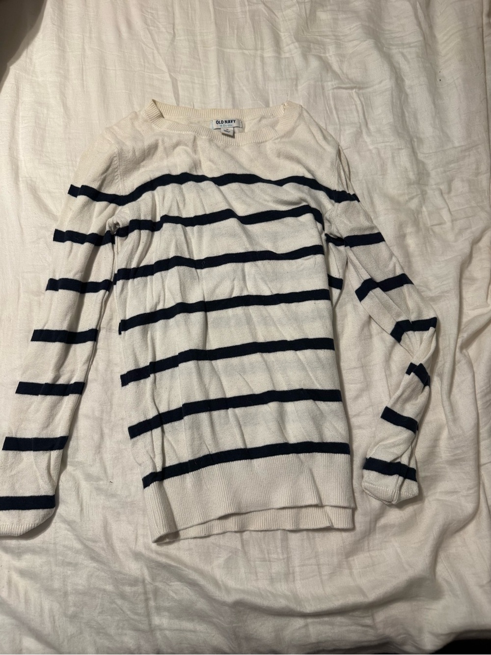 Old Navy Cream and Navy Striped Crewneck Sweater
